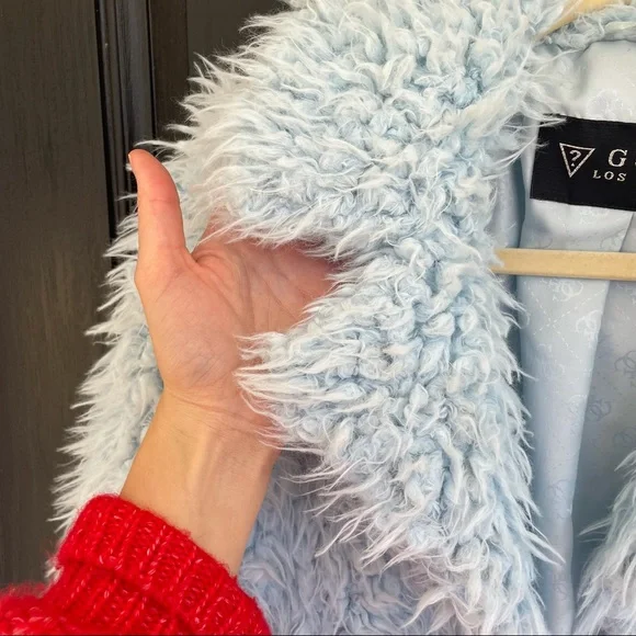 Guess Blue Fuzzy Faux Fur Jacket Ice Blue - Picture 9 of 9